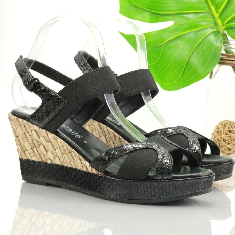 Aquatalia Womens Neve Sandal Size 9 Black Leather Snakeskin Wedge Heel Platform